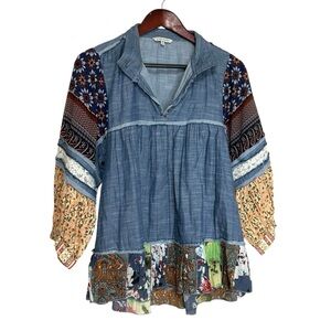 John Mark top medium blue mixed media boho lace bohemian print